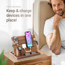 Mens walnut wood docking station and nightstand organizer with RFID leather wallet phone and tablet charging stand.