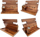 Mens walnut wood docking station and nightstand organizer with RFID leather wallet phone and tablet charging stand.