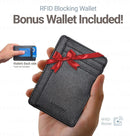 Mens walnut wood docking station and nightstand organizer with RFID leather wallet phone and tablet charging stand.