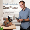 Mens walnut wood docking station and nightstand organizer with RFID leather wallet phone and tablet charging stand.