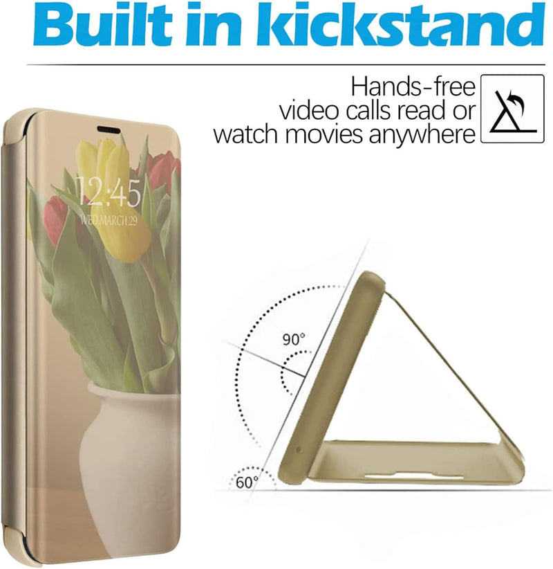 Z Fold 7 Case Compatible for Samsung Galaxy Z Fold7 5G Cell Phone Case with Kickstand, PU Leather, Clear View Mirror Flip Cover Shockproof Protective Cover for Samsung Z Fold 7 5G 8.0 - inch (Gold)
