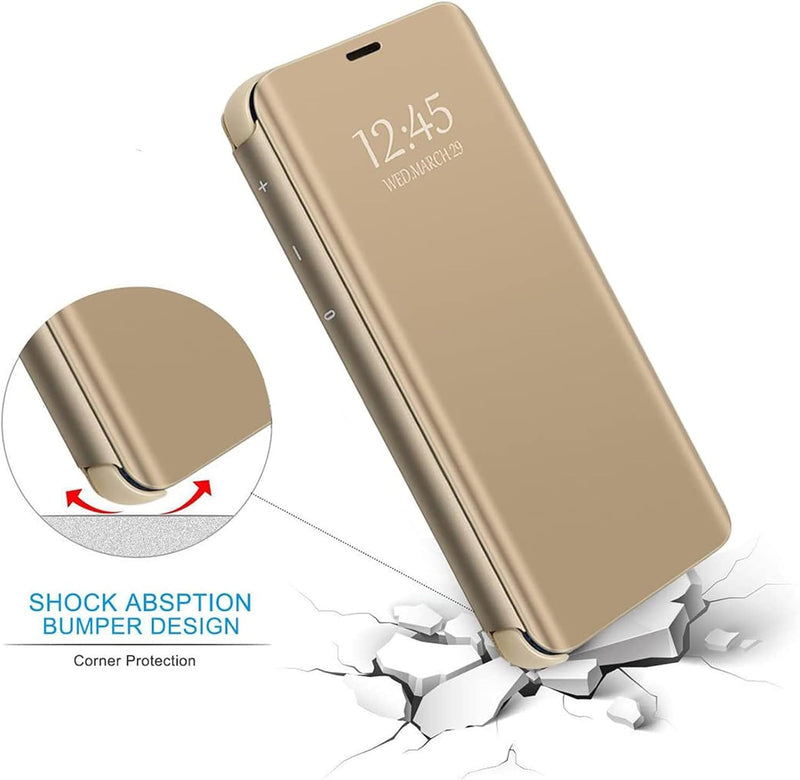 Z Fold 7 Case Compatible for Samsung Galaxy Z Fold7 5G Cell Phone Case with Kickstand, PU Leather, Clear View Mirror Flip Cover Shockproof Protective Cover for Samsung Z Fold 7 5G 8.0 - inch (Gold)