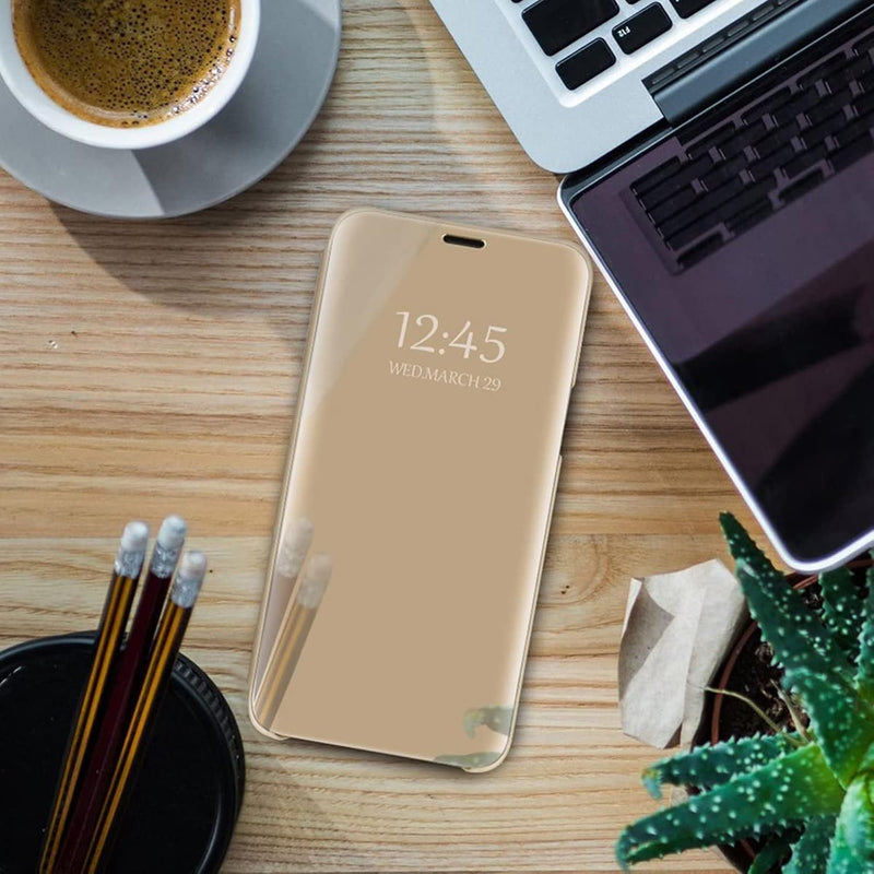 Z Fold 7 Case Compatible for Samsung Galaxy Z Fold7 5G Cell Phone Case with Kickstand, PU Leather, Clear View Mirror Flip Cover Shockproof Protective Cover for Samsung Z Fold 7 5G 8.0 - inch (Gold)