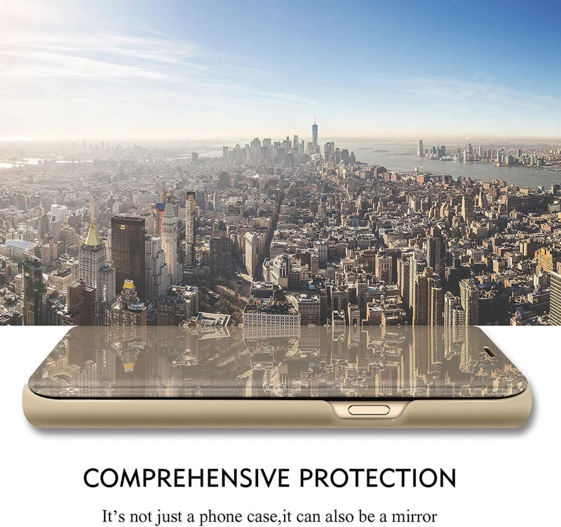 Z Fold 7 Case Compatible for Samsung Galaxy Z Fold7 5G Cell Phone Case with Kickstand, PU Leather, Clear View Mirror Flip Cover Shockproof Protective Cover for Samsung Z Fold 7 5G 8.0 - inch (Gold)