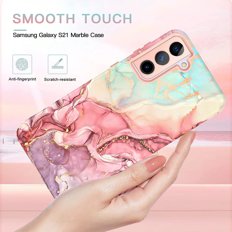 Galaxy S21 Case, Marble Pattern 3 in 1 Heavy Duty Shockproof Full Rose Gold - Gorilla Cases