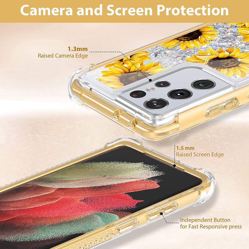 Galaxy S21 Ultra Glitter Liquid Sunflower Case For Women - Gorilla Cases