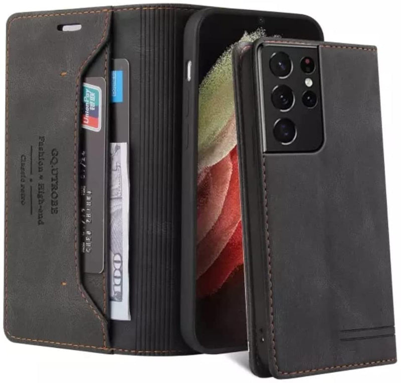 Galaxy S22 Ultra Leather Flip Wallet Magnetic Closure Case - Gorilla Cases