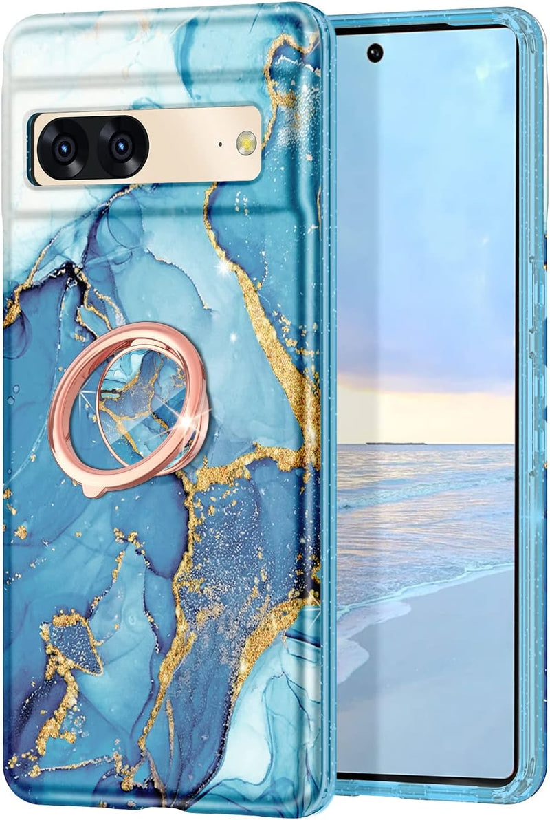 Google Pixel 7 Case, Heavy Duty Rotation Ring Kickstand Magnetic Car Case - Blue Marble - Gorilla Cases