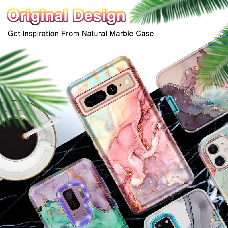 Google Pixel 7 Pro Case, Marble Pattern 3 in 1 Heavy Duty Covers, Rose Gold - Gorilla Cases