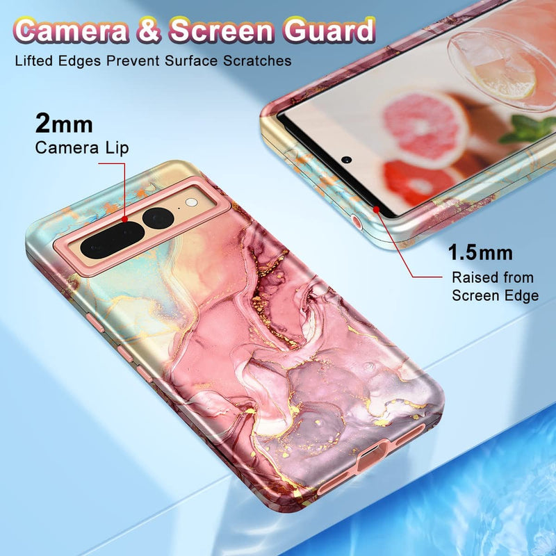 Google Pixel 7 Pro Case, Marble Pattern 3 in 1 Heavy Duty Covers, Rose Gold - Gorilla Cases