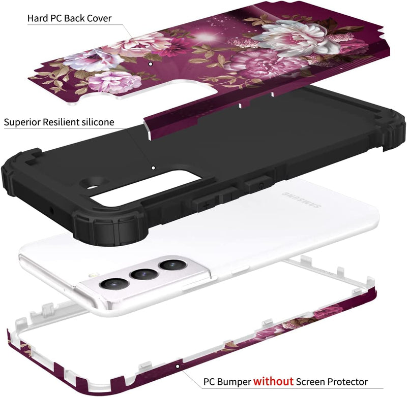 Hocase Galaxy S22 Plus Case, Heavy Duty Shockproof Soft Burgundy Flowers - Gorilla Cases
