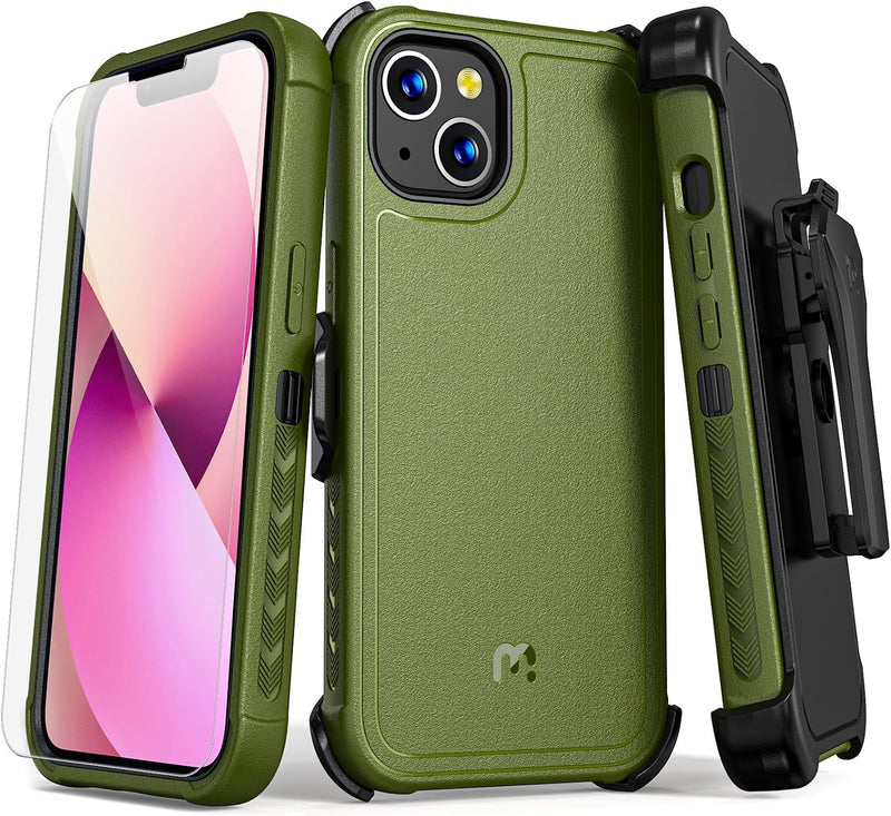 iPhone 14 Case Belt Clip Holster and Tempered Glass, 6.1 inch, Heavy Duty Military - Green - Gorilla Cases