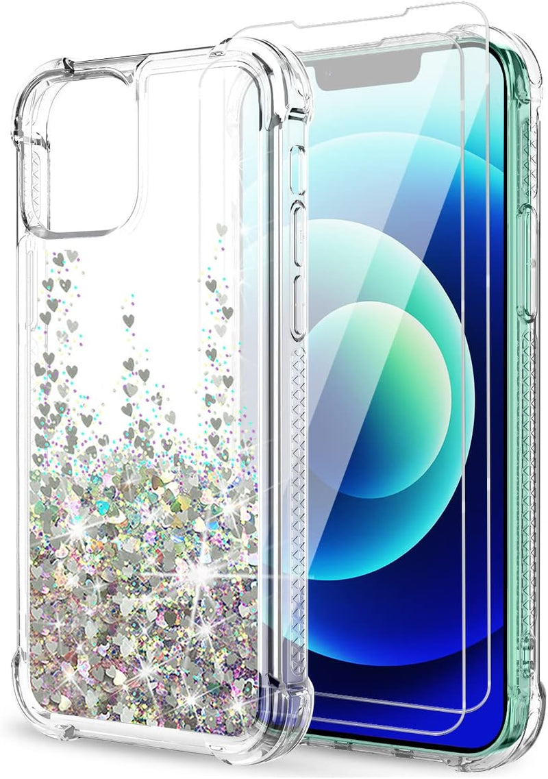iPhone 14 Case Clear Glitter Tempered Glass Screen Protector Bumper Case Silver - Gorilla Cases