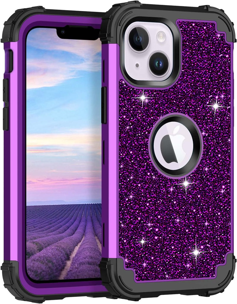 iPhone 14 Case Glitter Shockproof Heavy Duty Hybrid Sturdy Impact Protective Cover Case Purple Black - Gorilla Cases