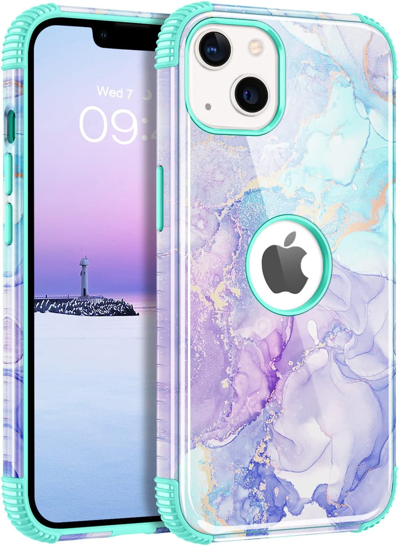 iPhone 14 Case, Marble Pattern 2 in 1 Heavy Duty Boy Men Phone Cover Purple - Gorilla Cases