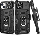 iPhone 14 Plus 5G, Slide Camera Cover & Magnetic Ring Kickstand & Belt Duty Protection Armor Case - Black