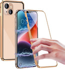 iPhone 14 Plus, Double Sided Clear Tempered Glass Phone Case Charger Case 5G 6.7'' Gold
