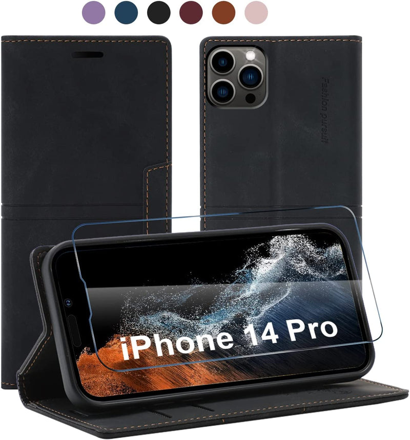 iPhone 14 Pro Cowhide Leather Wallet Kickstand Protective Business flip Cover Black - Gorilla Cases