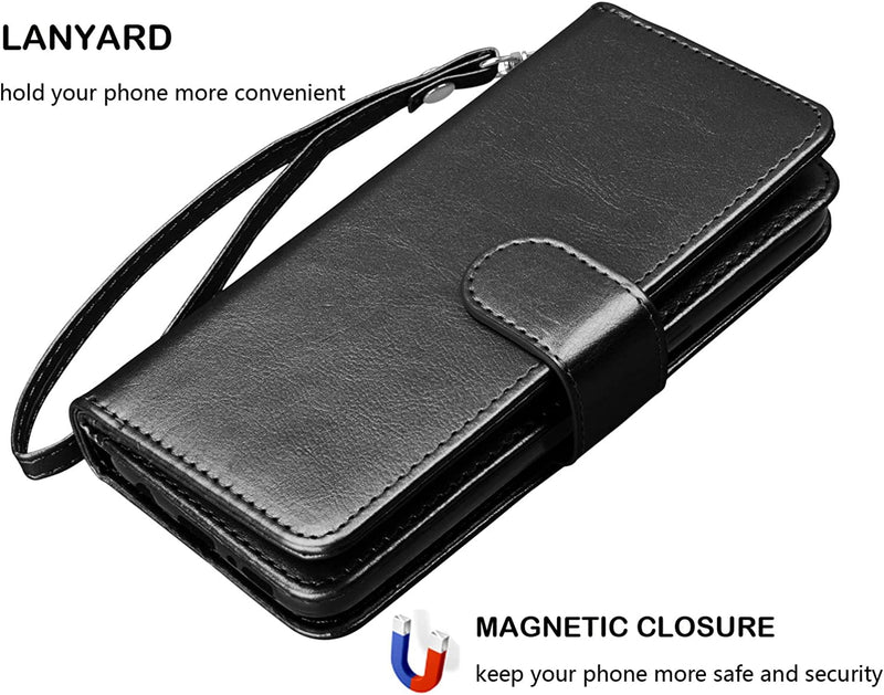 iPhone 14 Pro Max 6.7" PU Leather ID Credit Holder Folio Flip Lanyard Black - Gorilla Cases