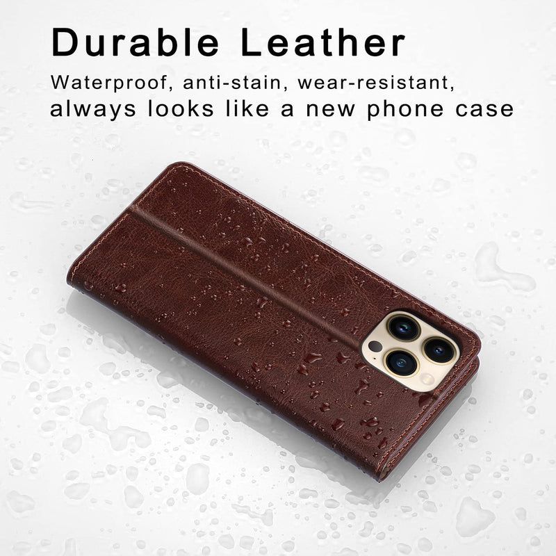iPhone 14 Pro Max Case Wallet-Genuine Leather Flip Phone Case-RFID Brown - Gorilla Cases