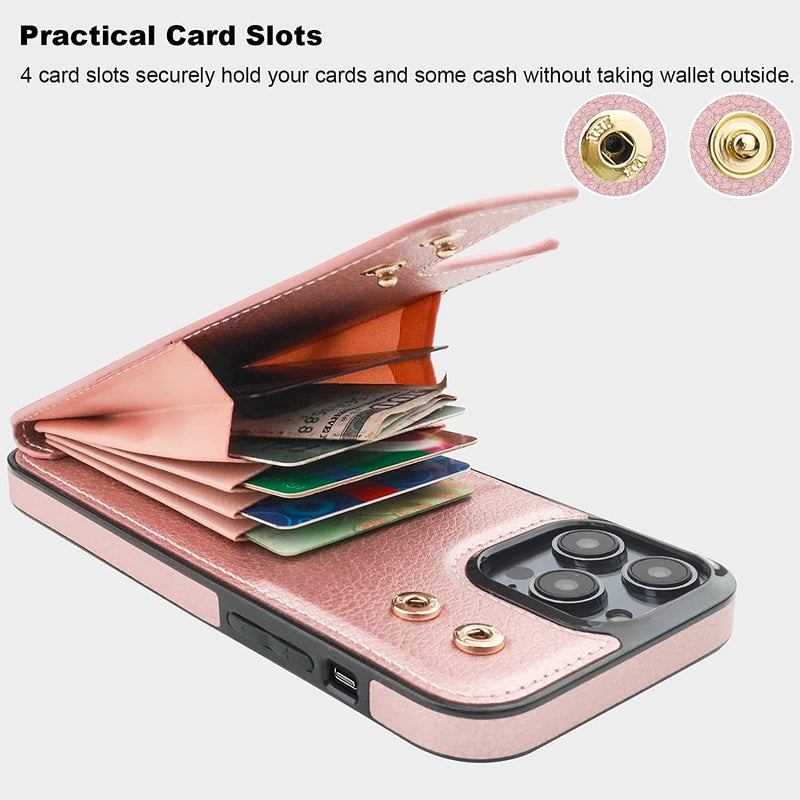 iPhone 14 Pro Max Case Wallet with Card Holder, 360°Rotation Finger Ring Holder Rose Gold - Gorilla Cases