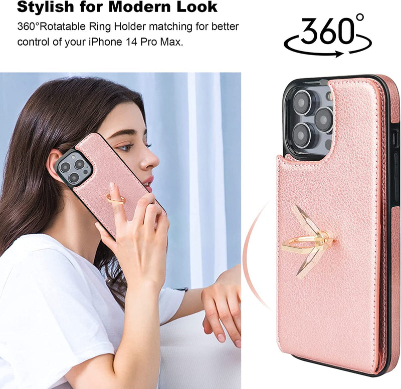 iPhone 14 Pro Max Case Wallet with Card Holder, 360°Rotation Finger Ring Holder Rose Gold - Gorilla Cases