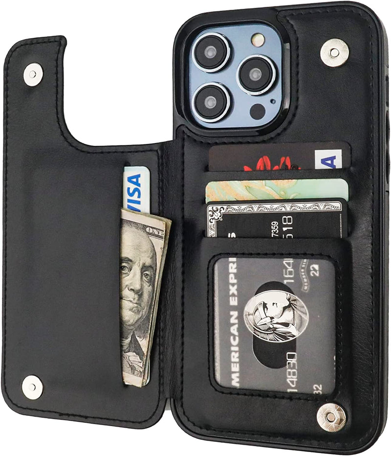 iPhone 14 Pro Max PU Leather Kickstand Card Slots Case Black - Gorilla Cases