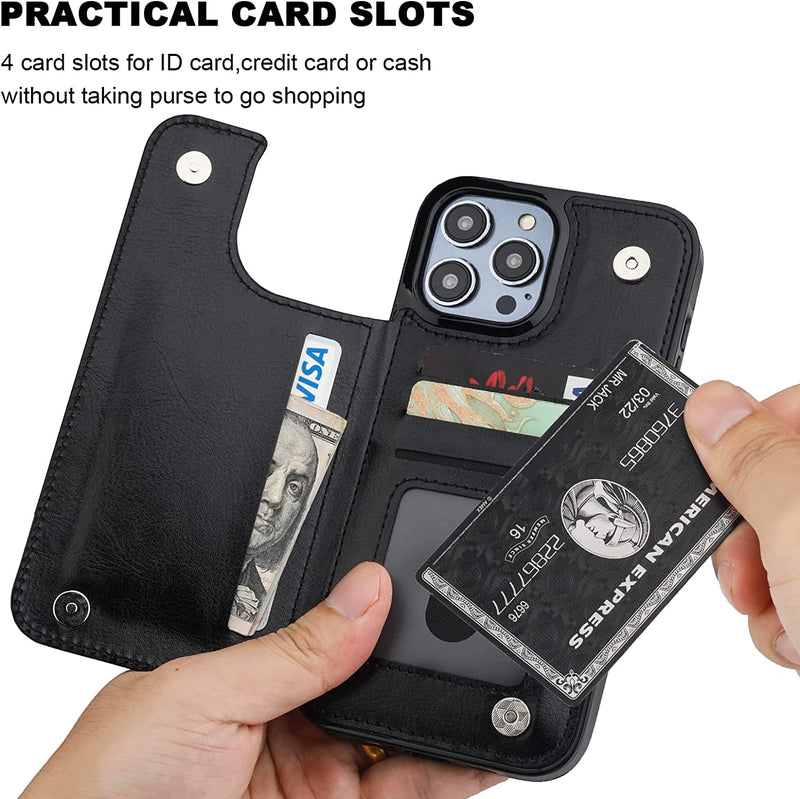 iPhone 14 Pro Max PU Leather Kickstand Card Slots Case Black - Gorilla Cases