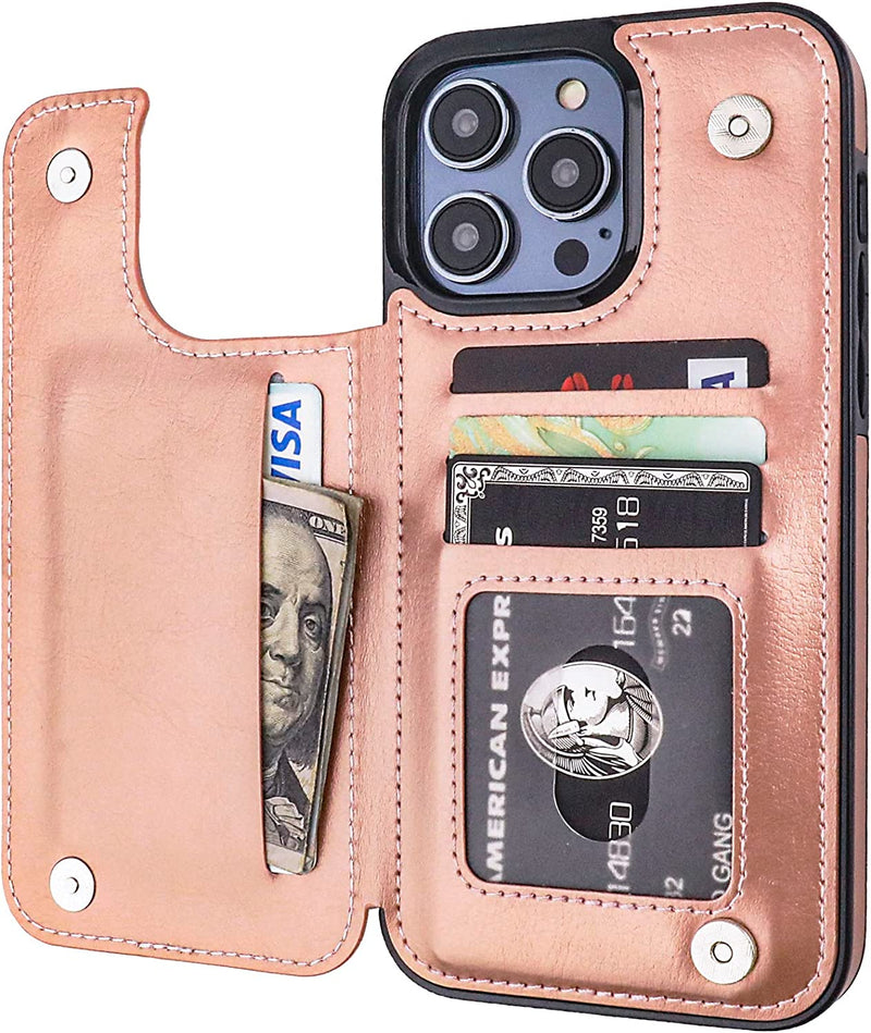 iPhone 14 Pro Max Wallet Case Card Holder, PU Leather Kickstand Rose Gold - Gorilla Cases
