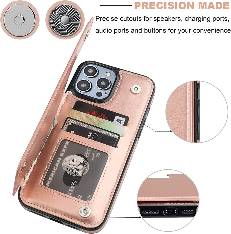 iPhone 14 Pro Max Wallet Case Card Holder, PU Leather Kickstand Rose Gold - Gorilla Cases