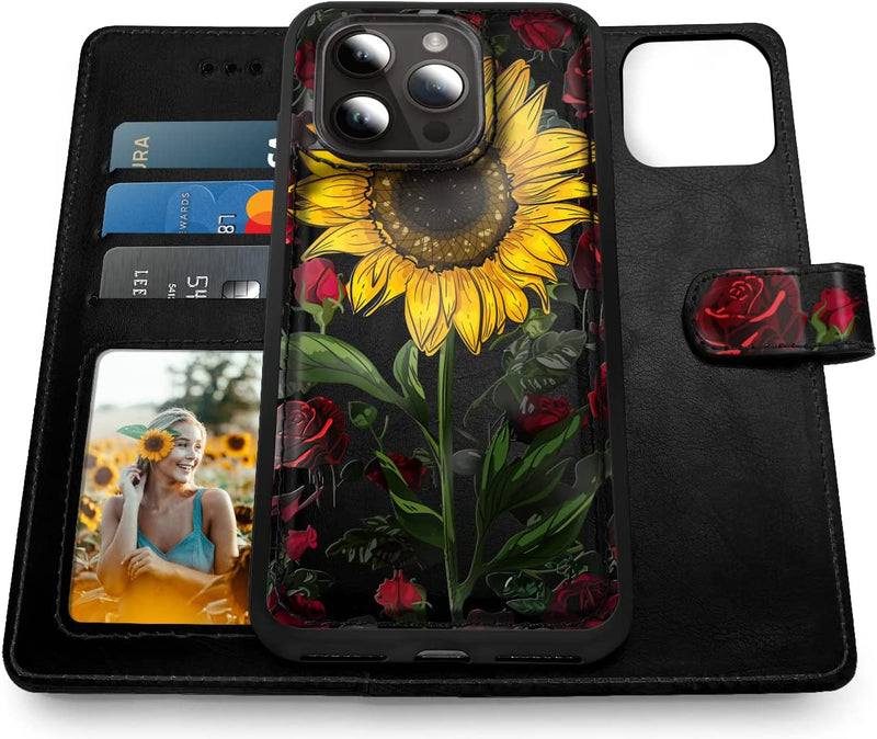 iPhone 14 Pro Max Wallet Case, Detachable Magnetic Case -Rose Flower/Sunflower - Gorilla Cases