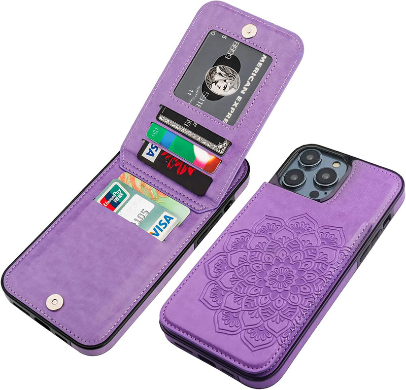 iPhone 14 Pro Max Wallet Case Embossed Mandala Floral Pattern Premium Purple - Gorilla Cases