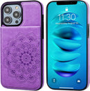 iPhone 14 Pro Max Wallet Case Embossed Mandala Floral Pattern Premium Purple
