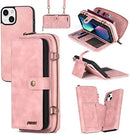 iPhone 14 Pro Max Wallet Case Flip Strap Zipper Card Holder Phone Case Pink