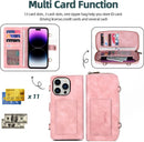 iPhone 14 Pro Max Wallet Case Flip Strap Zipper Card Holder Phone Case Pink
