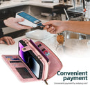 iPhone 14 Pro Max Wallet Case Flip Strap Zipper Card Holder Phone Case Pink