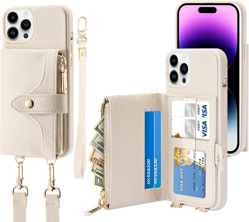 iPhone 14 Pro Max Wallet Case, PU Leather Shockproof Crossbody 6.7 Inch-Ivory - Gorilla Cases
