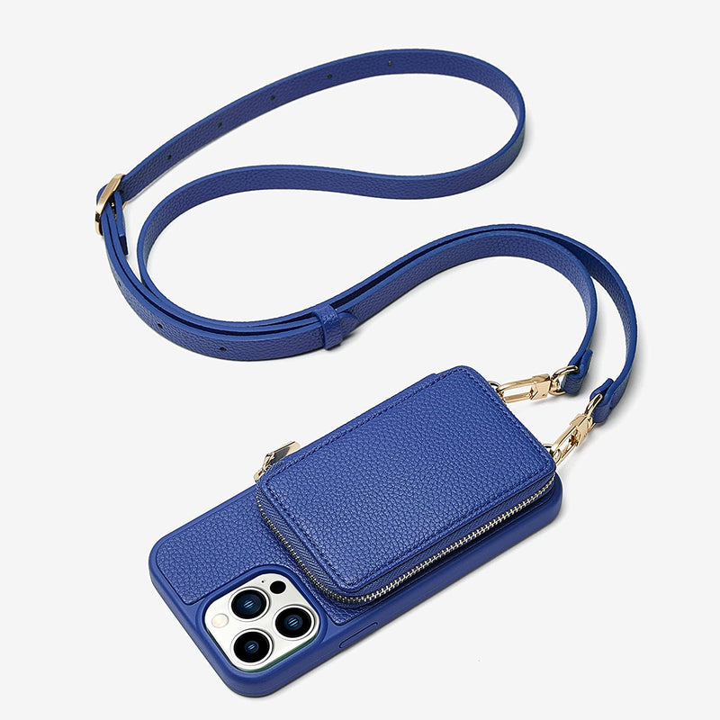 iPhone 14 Pro Max, Zipper Leather Case Women Compatible 6.7 inch Navy Blue - Gorilla Cases