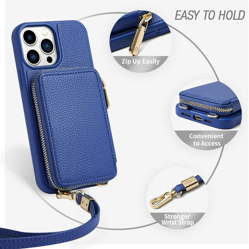 iPhone 14 Pro Max, Zipper Leather Case Women Compatible 6.7 inch Navy Blue - Gorilla Cases