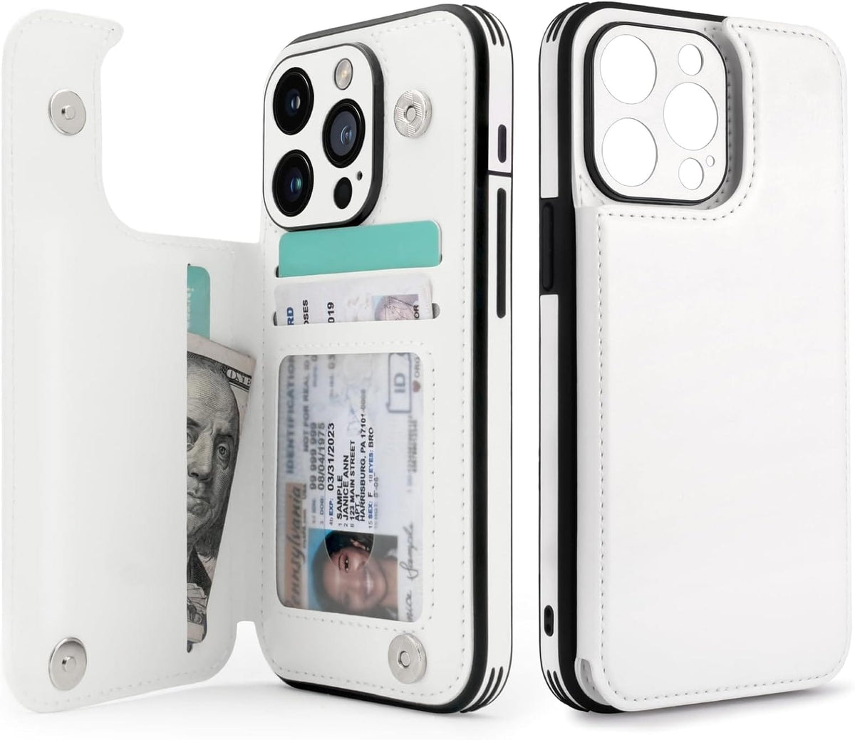 【Iphone15】レザーカードホルダー付きケース ホワイト iPhone 15 Pro Leather Wallet Case with Card Holder