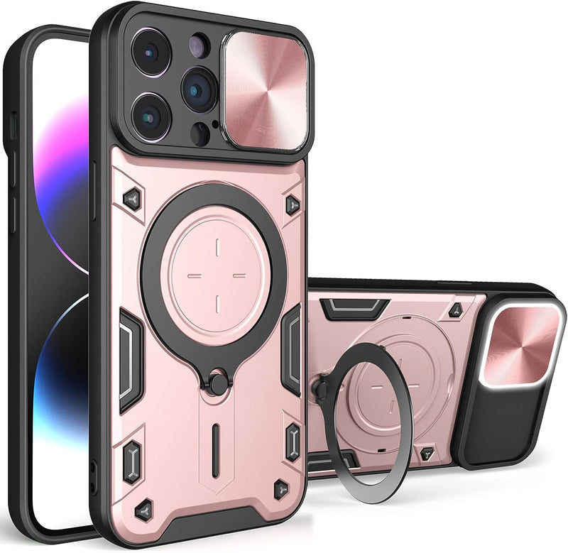 iPhone 15 Pro Max Kickstand Armor Case with Slide Camera Lens Protection  Cover Built-in 360? Rotate Ring Holder Stand Magnetic Military Shockproof  Phone Cover Case for iPhone 15 Pro Max, Silver 
