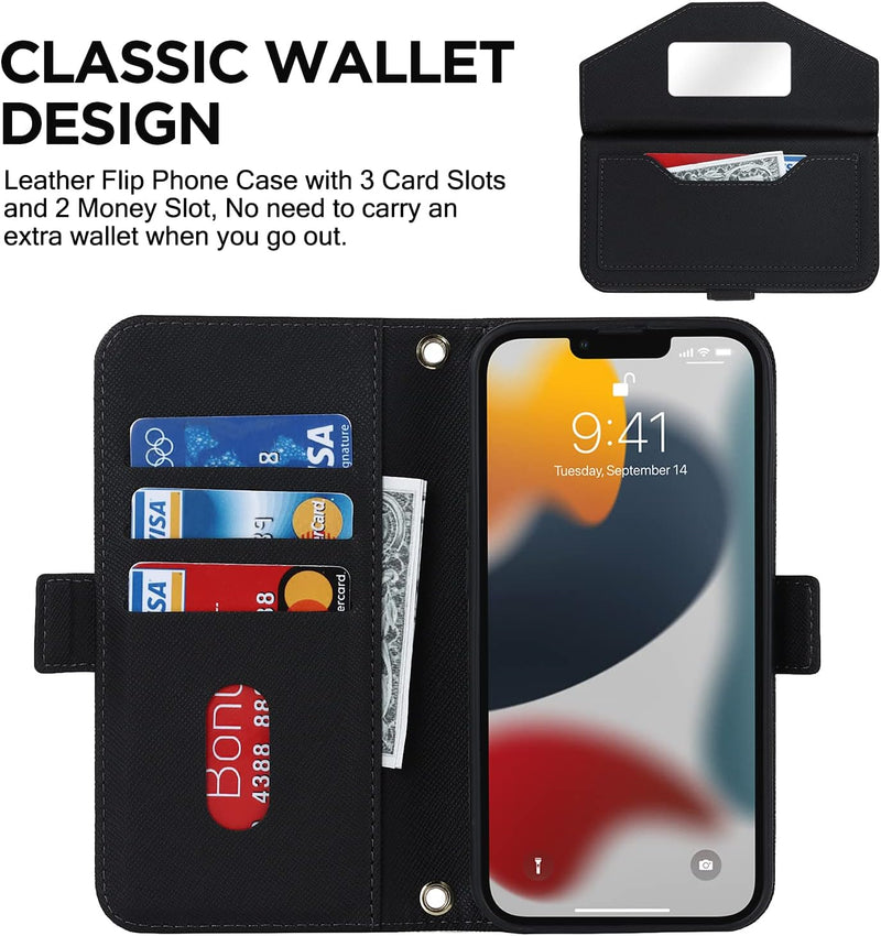 For iPhone 15 14 13 Pro Max Wallet Bag Phone Case with Handstrap Shoulder  Strap