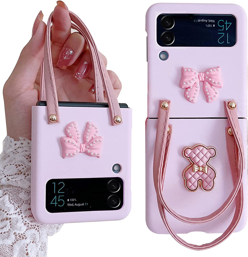 Samsung Z Flip 4 Case with Leather Strap Cute Bear Bow-Knot Galaxy-Pink - Gorilla Cases